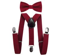 axy Hochwertige Kinder Hosenträger-Y Form mit Fliege- 3 Clips EXTRA STARK-Uni Farben (Weinrot)