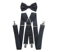 axy Hosenträger mit Fliege set für Herren 4 Stabile Clips X Form 3,5cm Breit (Dunkelgrau)