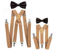 axy Vater-Sohn Partnerlook Hosenträger mit Fliege Set für Herren-Damen-Kinder (Beige Hosenträger Breit 2,5cm + Dunkelbraune Fliege)
