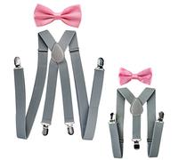 axy Vater-Sohn Partnerlook Hosenträger mit Fliege Set für Herren-Damen-Kinder (Graue Hosenträger Breit 2,5cm + Pinke Fliege)