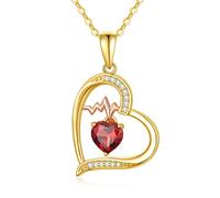 Ayafee Halskette mit Herz-Anhänger aus 14 Karat Gold, mit Granat, Herzschlag-Halskette, Valentinstag, Jahrestag, Schmuck, Geschenk für Ehefrau, Mutter, 1,6 x 1,4 cm, Metall, kein Edelstein