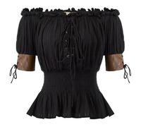 AYAZER Damen-Retro-Hemden, Retro-Steampunk-Oberteile, Victoria, halbe Ärmel, schulterfreie Hemden, koreanischer Stil, süße, lockere Kleidung, Schwarz, XL