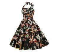 AYAZER Dünne Frauen Sommer Blumendruck Vintage Kleid Mode Party Büro Dame Rockabilly Big Swing Neckholder Kleidung -1-XXL
