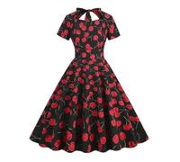 AYAZER Elegante Vintage-Blumenschaukel, A-Linie, lässig, ausgestelltes Kleid, kurzärmelig, Baumwolle, Kirschdruck, Retro-Sonnenparty, Kurze Damenkleider-2-L