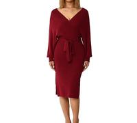 AYAZER Elegantes Damen-Strickkleid, Herbst-Winter-Kleidung, einfarbig, tiefer V-Ausschnitt, Lange Ärmel, rückenfrei, Kleid mit Taillengürtel, Büro-Damen-bM