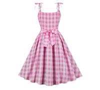 AYAZER Elegantes rosa Sommer-Plaid-Casual-Partykleid, süßes Kawaii-Verband, Retro-Vintage-Big-Swing-Plissee-Vintage-Rockabilly-Kleider-1-S