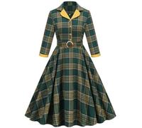 AYAZER England-Stil, grün kariert, Swing-Laufsteg-Hepburn-Kleid, Herbst, Umlegekragen, 3/4-Ärmel, Retro-Vintage-Stil - 1-L