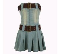 AYAZER Europäischer und amerikanischer Retro-Stil, altes, gewaschenes, geteiltes, schmal geschnittenes Röhrenoberkleid für Damen mit großem Gürtel-Design-Jeansrock - Blau - XL