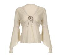 AYAZER Gentle Wind T-Shirt mit Glockenärmeln und V-Ausschnitt für Damen, Retro-Schnür-Mesh-Spleiß-Langarm-Top-Hautfarbe-S