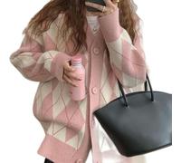 AYAZER Gestrickte Knopf-Strickjacke im japanischen Stil, Pullover für Damen, Vintage-Knopf-Strickwaren, koreanische Mode, übergroßer Mantel, Harajuku-Rosa-XL