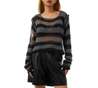 AYAZER Goth Damen-Pullover mit Streifen, Punk-Stil, Lange Ärmel, Reißverschluss, kalte Schulter, Strickoberteile, Emo-Ästhetik, durchsichtige Kleidung - wie auf dem Foto Gezeigt - Einheitsgröße