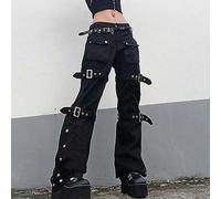 AYAZER Gothic Emo Alt Cargohose Hippie Baggy Jeans Mom Goth Punk Schwarze Denimhose Cyber Y2k Hose Akademische dunkle Kleidung-6 KEIN Gürtel-S