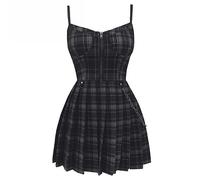 AYAZER Gothic Mädchen Plaid Plissee Punk Kleid Preppy Style Rot Schwarz Spaghettiträger Sexy Ärmellose Mini Kurze Kleider Goth Streetwear-schwarz kariert-L