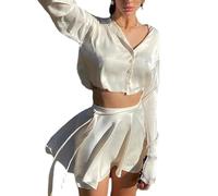 AYAZER Herbstoberteil, hoch taillierter Satin-Kurzrock mit Schnürung, langärmliger Cardigan, zweiteiliges Set - weißes Einzeloberteil - S