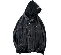 AYAZER Hong Kong Style Kapuzen-Jeansjacke für Herren, lockerer koreanischer Stil, hübsche, vielseitige Harajuku-Jacke, Schwarz, XL