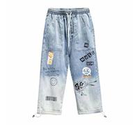 AYAZER Jeans mit Buchstabendruck für Herren, lockere Graffiti-Leggings mit Kordelzug, Hellblau, 5XL