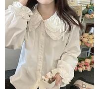 AYAZER Kawaii-Spitzenhemd, weiße Blusen mit Peter-Pan-Kragen und üppigen Ärmeln, Herbst, koreanischer Lolita-Preppy-Stil, niedliche Oberteile mit Knöpfen, Weiß, L