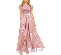 AYAZER Kleid Abendkleid Spitze Hohe Taille Langer Rock-Rosa-XL