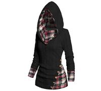 AYAZER Lässiger Damen-Hoodie-Pullover mit Langen Ärmeln, Zopfstrick-Oberteil, Kariertes Kapuzen-Sweatshirt für Damen im Frühling und Winter, Schwarz, XXXXXL