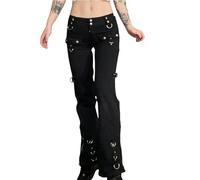 AYAZER Neue Retro Gothic Damen Lose Jeans Ästhetischer Reißverschluss Dark College Streetwear Punk Casual Denim Hose Schlaghose-Schwarz-S