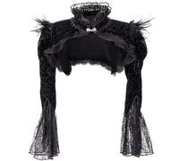 AYAZER Schwarze viktorianische Gothic-Bolero-Damenjacke mit Federn, Stehkragen, Langen Ärmeln, Spitze und Cordjacken-Schwarz-XL