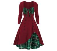 AYAZER Sexy Retro-Kleid, lässiges Gothic-Kleid mit Karomuster, Kontrastnähte an der Taille, zweireihiger Saum, süßes Herbstkleid für Damen-Rot-M