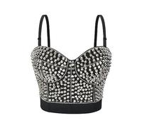 Silberne Nieten Spaghettiträger Gothic Push Up BH Steampunk Bralette Crop Top für Frauen Rave Rock Nachtclub Bar Büstenhalter Femme-Schwarz-S