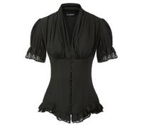 AYAZER Sommerhemden für Damen, viktorianisch, schlank, Falten-Oberteile, Gothic, Renaissance, Kurze Puffärmel, V-Ausschnitt, Schnürrüsche, Retro-Bluse, Damen-Schwarz-M