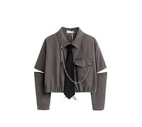 AYAZER Trendige Hemden im Punk-Stil, Gothic, Harajuku, dunkle Krawatten und Ketten, Lange Ärmel, Schlitze, Gothic-Designs, Streetwear-Hemden, Kurze Oberteile für Mädchen, Dunkelgrau, Einheitsgröße