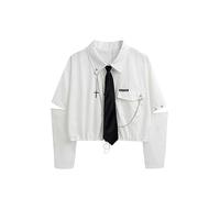 AYAZER Trendige Hemden im Punk-Stil, Gothic, Harajuku, dunkle Krawatten und Ketten, Lange Ärmel, Schlitze, Gothic-Designs, Streetwear-Hemden, Kurze Tops für Mädchen, Weiß, Einheitsgröße