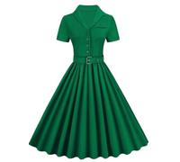 AYAZER Vintage Big Swing Lässiges grünes Kleid Kurzarm Umlegekragen Sommerstil Elegantes Büro A-Linie 60er 50er Rockabilly-Kleider-2-XXL