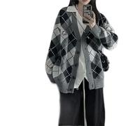AYAZER Vintage gestrickte Karierte Strickjacke übergroße koreanische Modepullover Frauen Harajuku adrette V-Ausschnitt Knopf Strickwaren Streetwear-Grau-XXL
