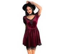 AYAZER Vintage Gothic Dark Black Kleid Damen Goth Party Sexy Mesh Hollow Out Patchwork Ösen Web Reißverschluss Harajuku Kurzarm Kleider-Burgund-L