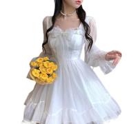AYAZER Weißes Kawaii-Kleid für Frauen, Chiffon-Lolita-Langarm-Minikleider, Schleife, Feenrobe, Rüschen, Patchwork, quadratischer Kragen, Sommer 2023, Weiß, M