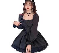 AYAZER Weißes Lolita-Kleid, süßes Retro-Minikleid mit Langen Ärmeln und eckigem Ausschnitt, schwarzes Gothic-Riemchen-Spitzenspleiß-Japanisches süßes Kleid-Schwarz-S