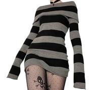 AYAZER Y2K Gestreiftes Pullover-Minikleid, Mall Goth, Grunge, Emo, figurbetont, schick, schulterfrei, volle Ärmel, Slim-Fit-Kleider, 00er-Jahre, Vintage-Schwarz-M
