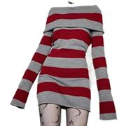 AYAZER Y2K Gestreiftes Pullover-Minikleid, Mall Goth, Grunge, Emo, figurbetont, schick, schulterfrei, volle Ärmel, Slim-Fit-Kleider, 00er-Jahre, Vintage-Rot-M