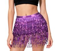 AYBUY Glitzer Rock Damen, Pailletten Quasten Rock, Paillette Fringe Mini Röcke, Bauchtanz Hüftschal, Fransenrock für Karneval, Halloween, Maskerade und Party(Lila)