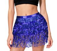 AYBUY Glitzer Rock Damen, Pailletten Quasten Rock, Paillette Fringe Mini Röcke, Bauchtanz Hüftschal, Fransenrock für Karneval, Halloween, Maskerade und Party(Blau)