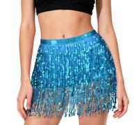 AYBUY Glitzer Rock Damen, Pailletten Quasten Rock, Paillette Fringe Mini Röcke, Bauchtanz Hüftschal, Fransenrock für Karneval, Halloween, Maskerade und Party(Seeblau)
