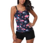 AYEEBOOY Tankini Damen Bauchweg Zweiteiler Sets Sommer Elegant Badeanzüge Oberteil mit Badeshorts Freizeit Bademode(7Flamingop,3XL)