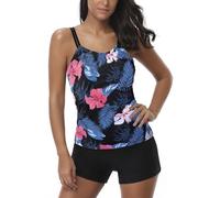 AYEEBOOY Tankini Damen Bauchweg Zweiteiler Sets Sommer Elegant Badeanzüge Oberteil mit Badeshorts Freizeit Bademode(18Blackr p,M)