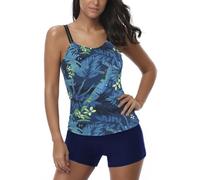 AYEEBOOY Tankini Damen Bauchweg Zweiteiler Sets Sommer Elegant Badeanzüge Oberteil mit Badeshorts Freizeit Bademode(4Bluehp,L)