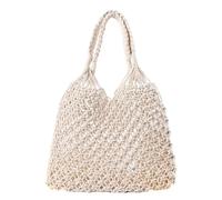 AYKANING Strohtaschen Damen,Korbtaschen Damen Oberflächenfarbene Schulter gewebt Tasche Flut weibliche Sen Gitter Paket handgefertigte Baumwolle Seil net Profit bequemtasche(White)