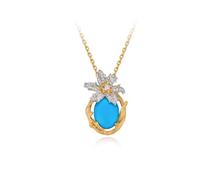 Ayoiow Gold Kette 18K 750 Blume mit ovalem 1,4-Karat-Türkis und Diamanten, Goldkette 18 Karat für Freundin| 18K Gelbgold | Trendiger Modeschmuck für Valentinstag