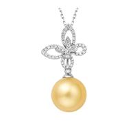 Ayoiow Kette Gold 18 Karat Schmetterling mit 9 mm Goldperle und rundem 0,1 ct Diamanten, Halskette mit Anhänger Gold Damen für Sie| 18K Weißgold | Trendiger Modeschmuck für Thanksgiving