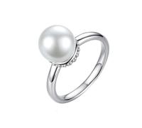 Ayoiow Ring Verlobung Weissgold für Damen, Poliert Rund Perle und Diamant Damenring Weissgold mit, 18K