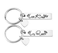 Ayoiow Schlüsselbund Gravur Lange Platte Gravur His Queen Her King mit Anhänger Herz Schlüsselring Charms Schlüsselanhänger 2er Set Silber