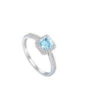 Ayoiow Weisgold Ring Frauen Halb-Ewigkeitsring mit 0,6 ct quadratischem Aquamarin und 0,16 ct Diamant, Verlobungsringe Zum Valentinstag für Freundin Größe 58 (18.5)| 18K Weißgold für Thanksgiving