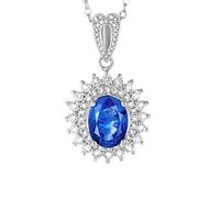 Ayoiow Weißgold Kette Damen Sonnenblume mit ovalem 1-Karat-Saphir und Diamanten, Zarte Halskette Damen Kreis für Sie| 14K Weißgold | Trendiger Modeschmuck für Thanksgiving